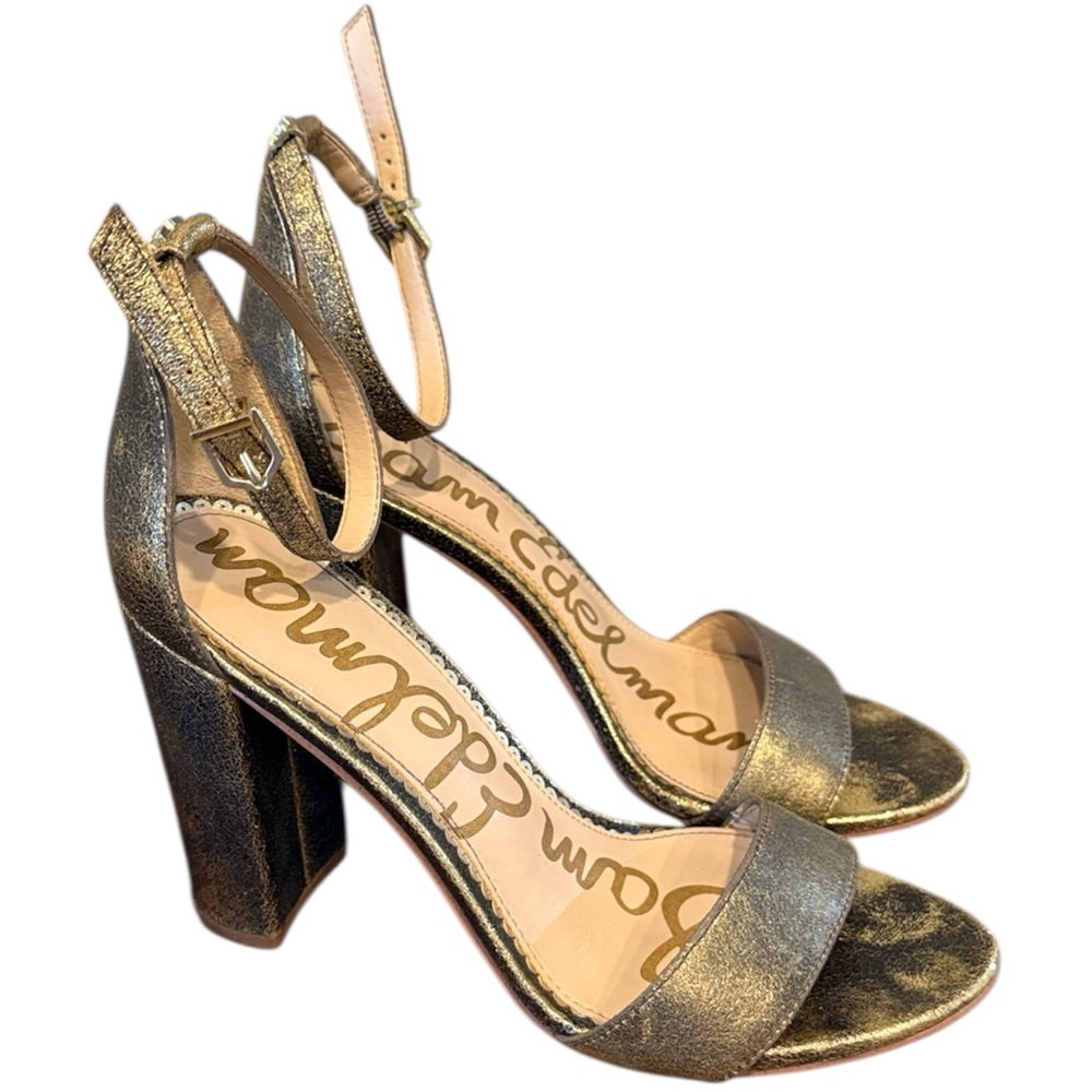 Sam Edelman Yaro Distressed Gold Metallic Block Heel Size 7‎
